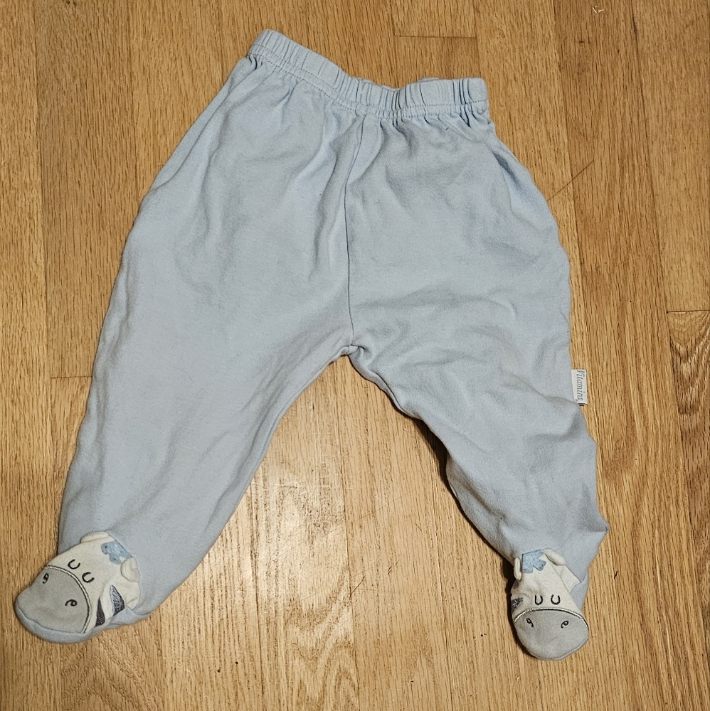 (3 for $20) 6-9M baby pants with footies elastic waistband blue with cow feet